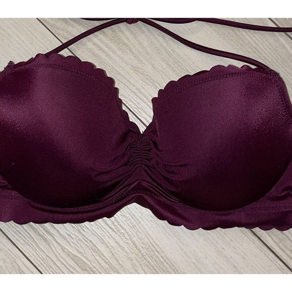 Victorias Secret Swimwear Halter Top Lined Scalloped Underwire Womens 32C Wine - Picture 3 of 6